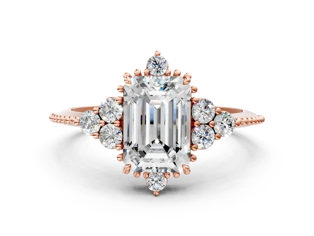 Rose gold Emerald Cut Brilliant Diamond with Cluster Setting on a Beaded Band and Four-Prong Setting_3