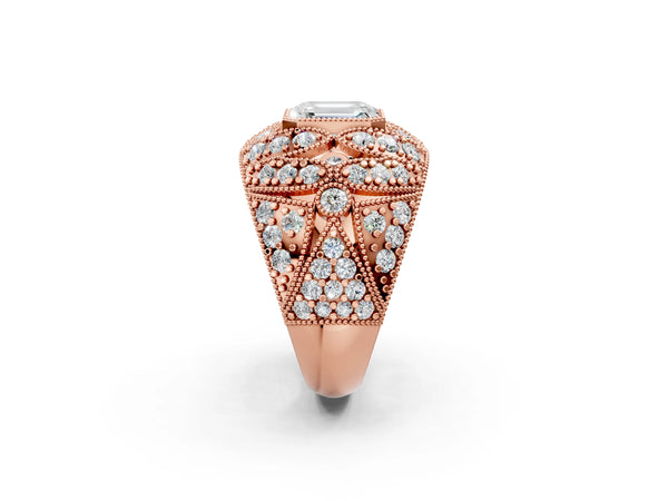 Rose gold Emerald Cut Brilliant Halo Pave Diamond Milgrain Ring
