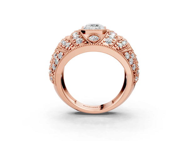 Rose gold Emerald Cut Brilliant Halo Pave Diamond Milgrain Ring