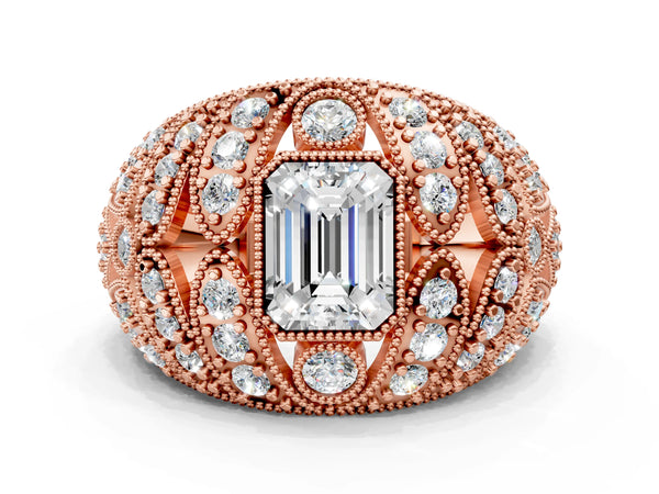 Rose gold Emerald Cut Brilliant Halo Pave Diamond Milgrain Ring
