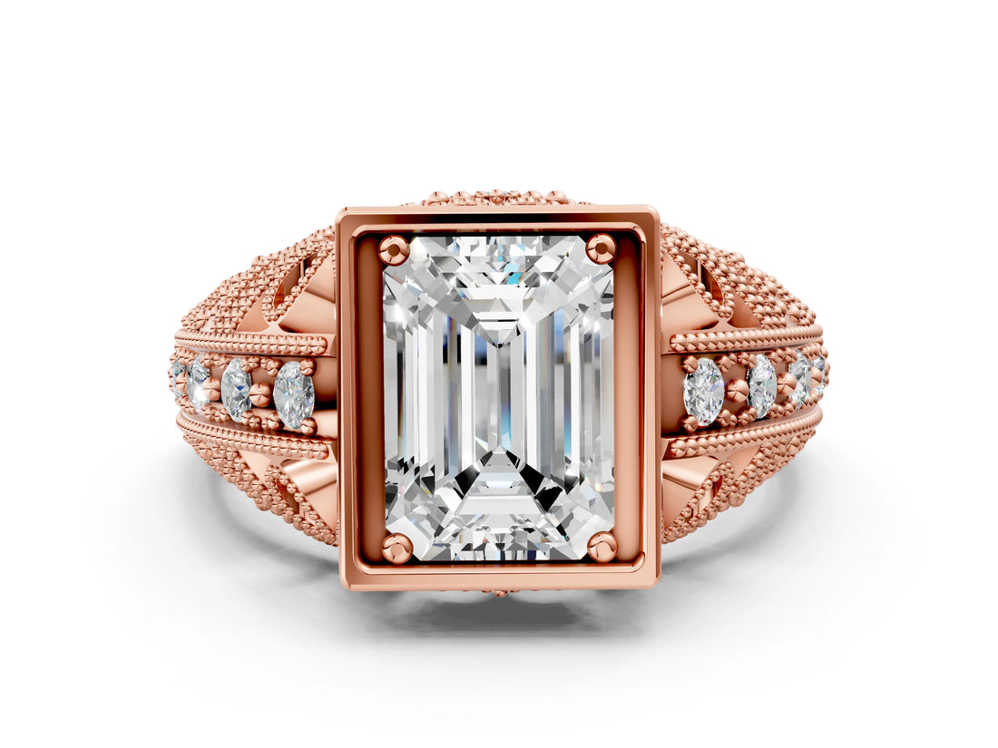 Rose gold Emerald Cut Brilliant Milgrain Filigree Diamond Ring with Square Prong Setting_13