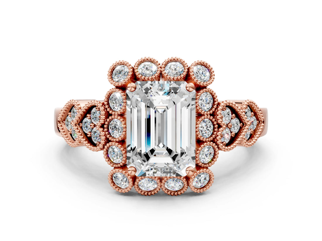 Rose gold Emerald Cut Brilliant Milgrain Pave Heart Band Solitaire Ring_3