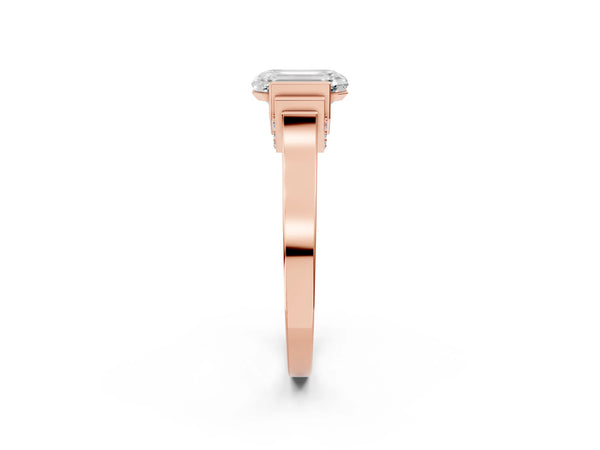 Rose gold Emerald Cut Brilliant Solitaire Diamond Ring with Channel Set Band and Bar Prong Setting