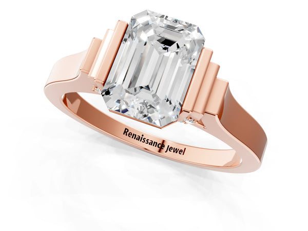Rose gold Emerald Cut Brilliant Solitaire Diamond Ring with Channel Set Band and Bar Prong Setting