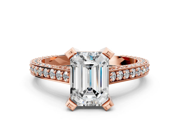 Rose gold Emerald Cut Brilliant Split Shank Pave Solitaire Ring with Four-Prong Setting