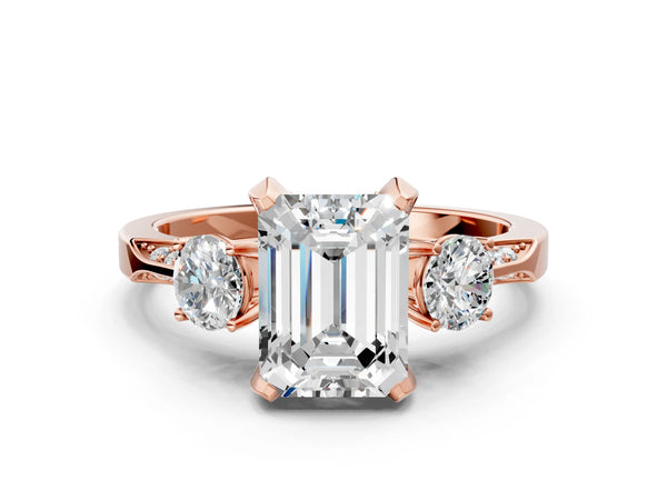 Rose gold Emerald Cut Brilliant Three-Stone Diamond Ring with Pavé Band and Four-Prong Setting