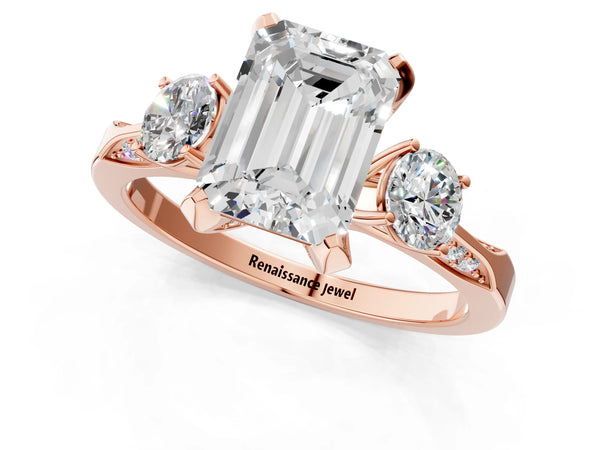 Rose gold Emerald Cut Brilliant Three-Stone Diamond Ring with Pavé Band and Four-Prong Setting