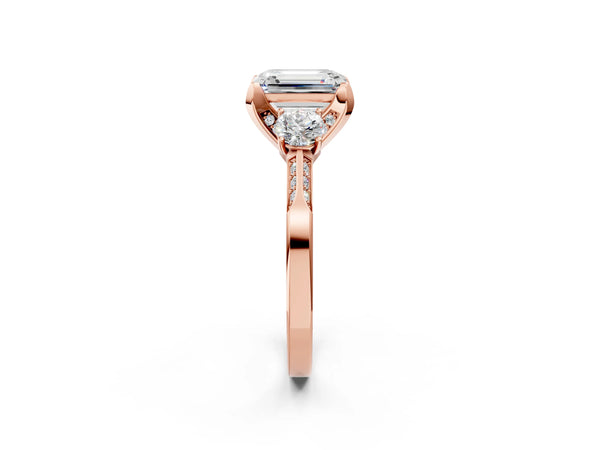 Rose gold Emerald Cut Brilliant Three-Stone Diamond Ring with Pavé Band and Four-Prong Setting