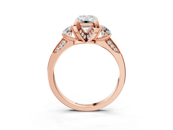 Rose gold Emerald Cut Brilliant Three-Stone Diamond Ring with Pavé Band and Four-Prong Setting