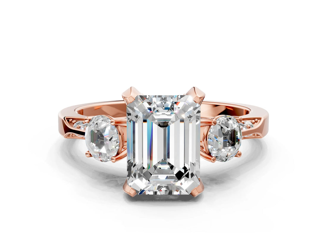 Rose gold Emerald Cut Brilliant Three-Stone Diamond Ring with Pavé Band and Four-Prong Setting_3