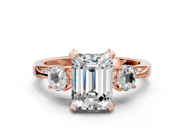 Rose gold Emerald Cut Brilliant Three-Stone Diamond Ring with Pavé Band and Four-Prong Setting