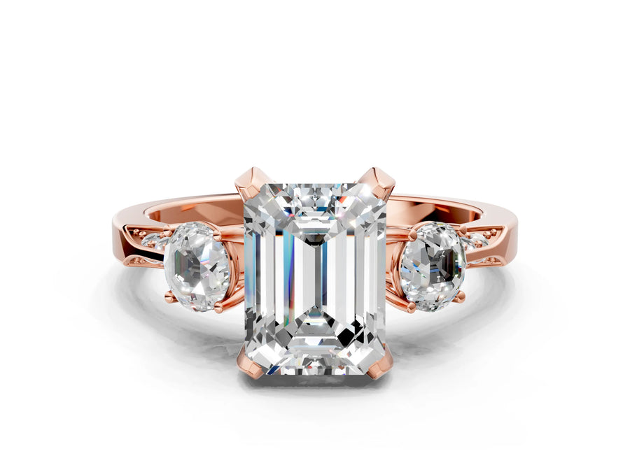 Rose gold Emerald Cut Brilliant Three-Stone Diamond Ring with Pavé Band and Four-Prong Setting