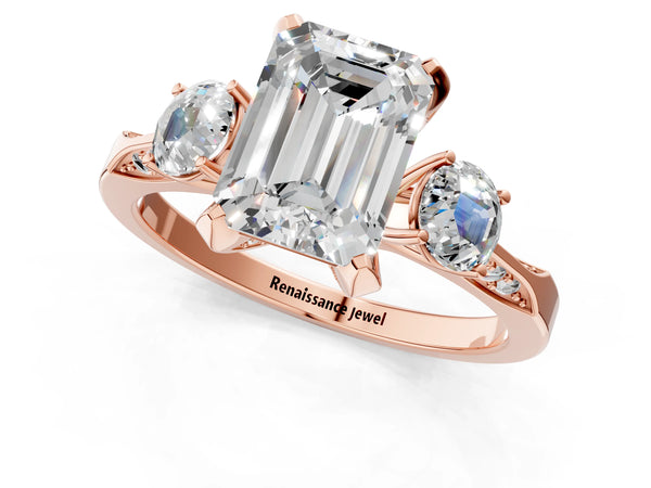 Rose gold Emerald Cut Brilliant Three-Stone Diamond Ring with Pavé Band and Four-Prong Setting