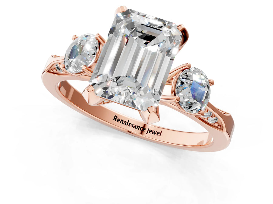 Rose gold Emerald Cut Brilliant Three-Stone Diamond Ring with Pavé Band and Four-Prong Setting