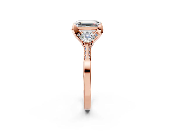 Rose gold Emerald Cut Brilliant Three-Stone Diamond Ring with Pavé Band and Four-Prong Setting