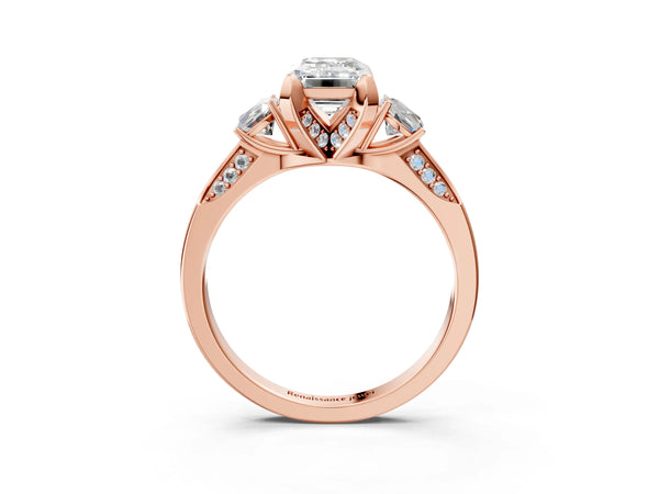 Rose gold Emerald Cut Brilliant Three-Stone Diamond Ring with Pavé Band and Four-Prong Setting