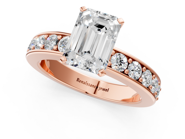 Rose gold Emerald Cut Channel Set Diamond Engagement Ring with Four-Prong Setting