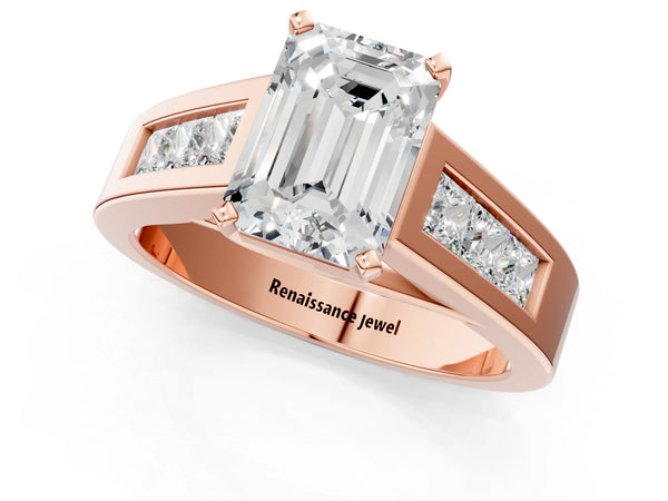Rose Gold Emerald Cut Engagement Ring Setting with Channel-Set Princess Cut Side Accents