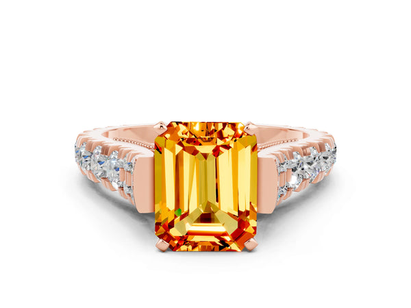Rose gold Emerald Cut Citrine Classic Solitaire Ring with Pavé Band and Four-Prong Setting