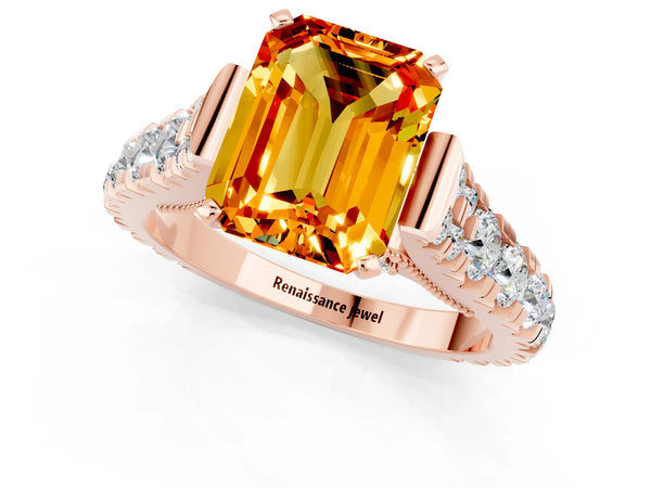 Rose gold Emerald Cut Citrine Classic Solitaire Ring with Pavé Band and Four-Prong Setting