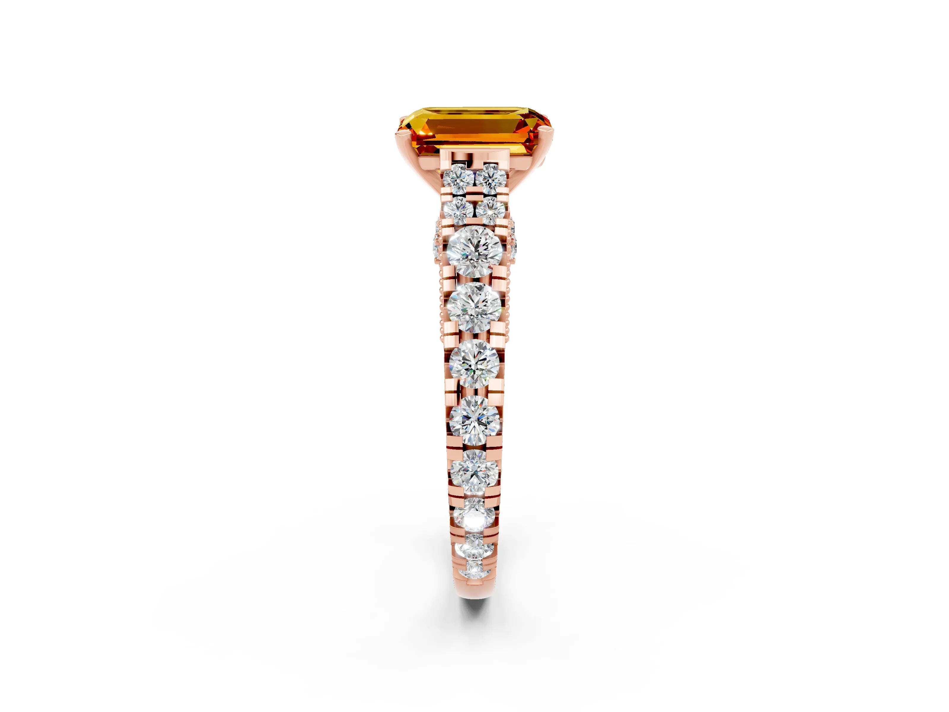 Rose gold Emerald Cut Citrine Classic Solitaire Ring with Pavé Band and Four-Prong Setting_2