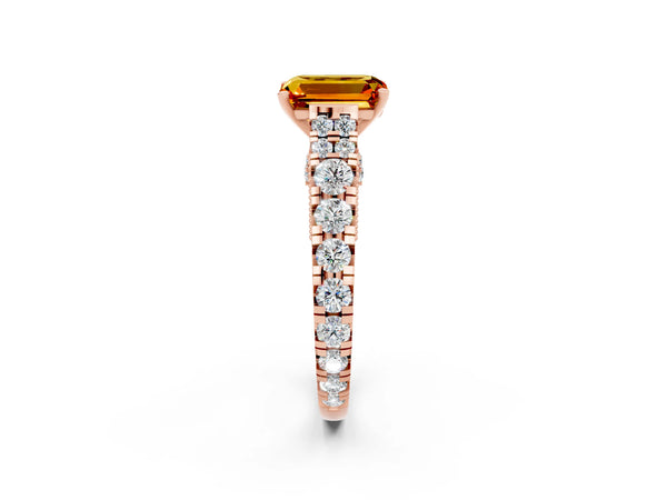 Rose gold Emerald Cut Citrine Classic Solitaire Ring with Pavé Band and Four-Prong Setting