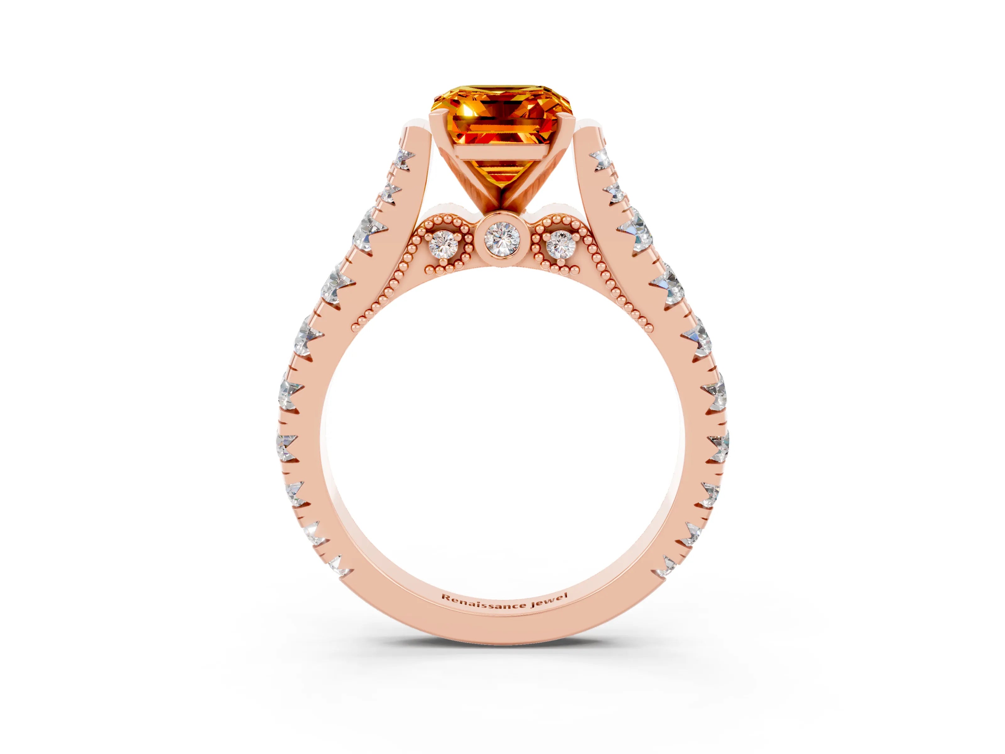 Rose gold Emerald Cut Citrine Classic Solitaire Ring with Pavé Band and Four-Prong Setting_3