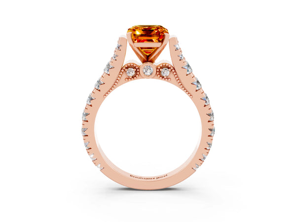 Rose gold Emerald Cut Citrine Classic Solitaire Ring with Pavé Band and Four-Prong Setting