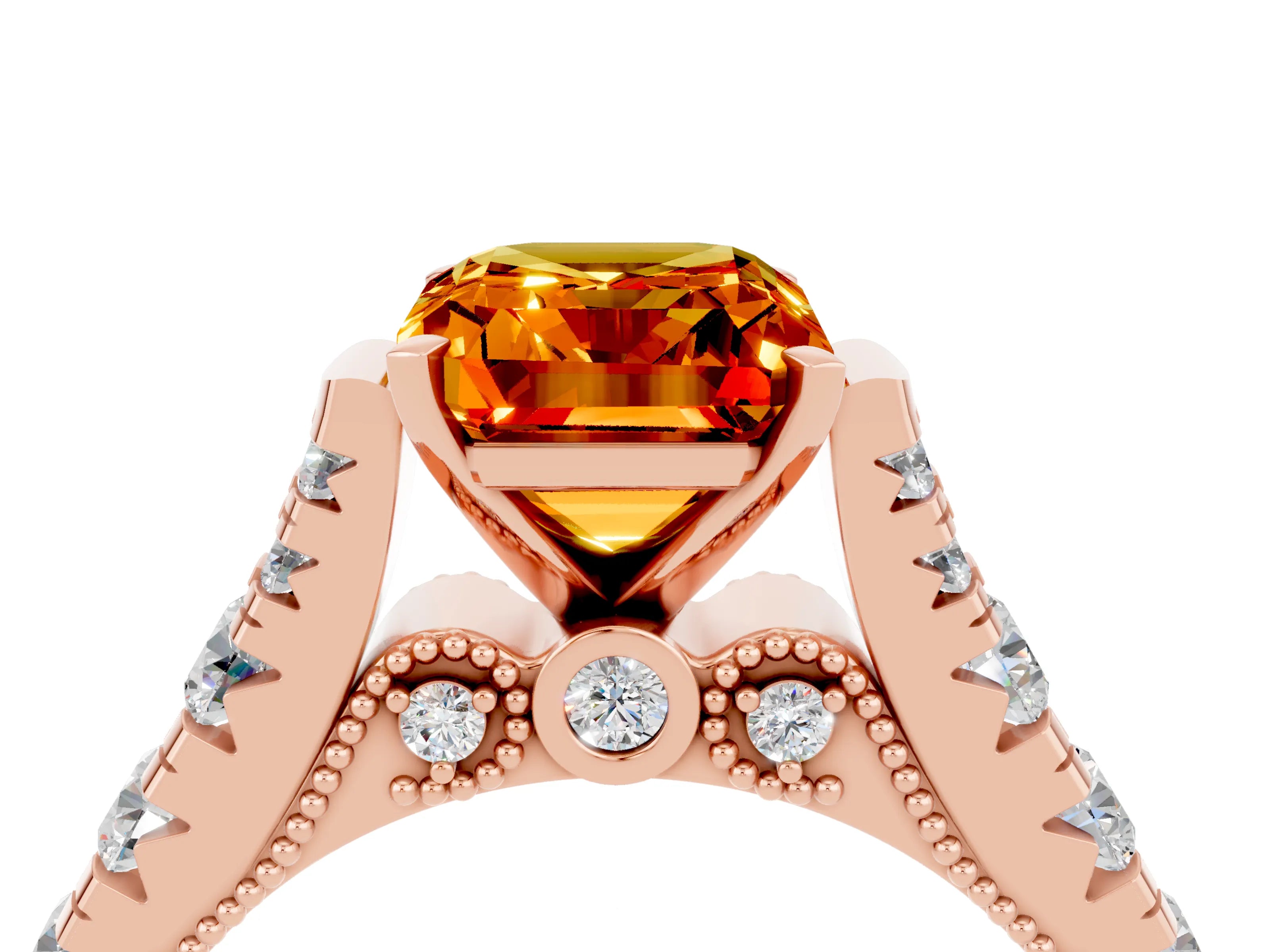 Rose gold Emerald Cut Citrine Classic Solitaire Ring with Pavé Band and Four-Prong Setting_4