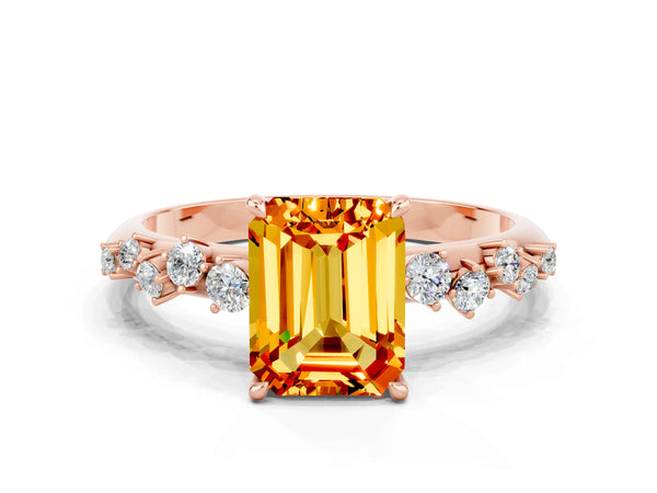 Rose gold Emerald Cut Citrine Cluster Side Stone Solitaire Ring with Prong Setting
