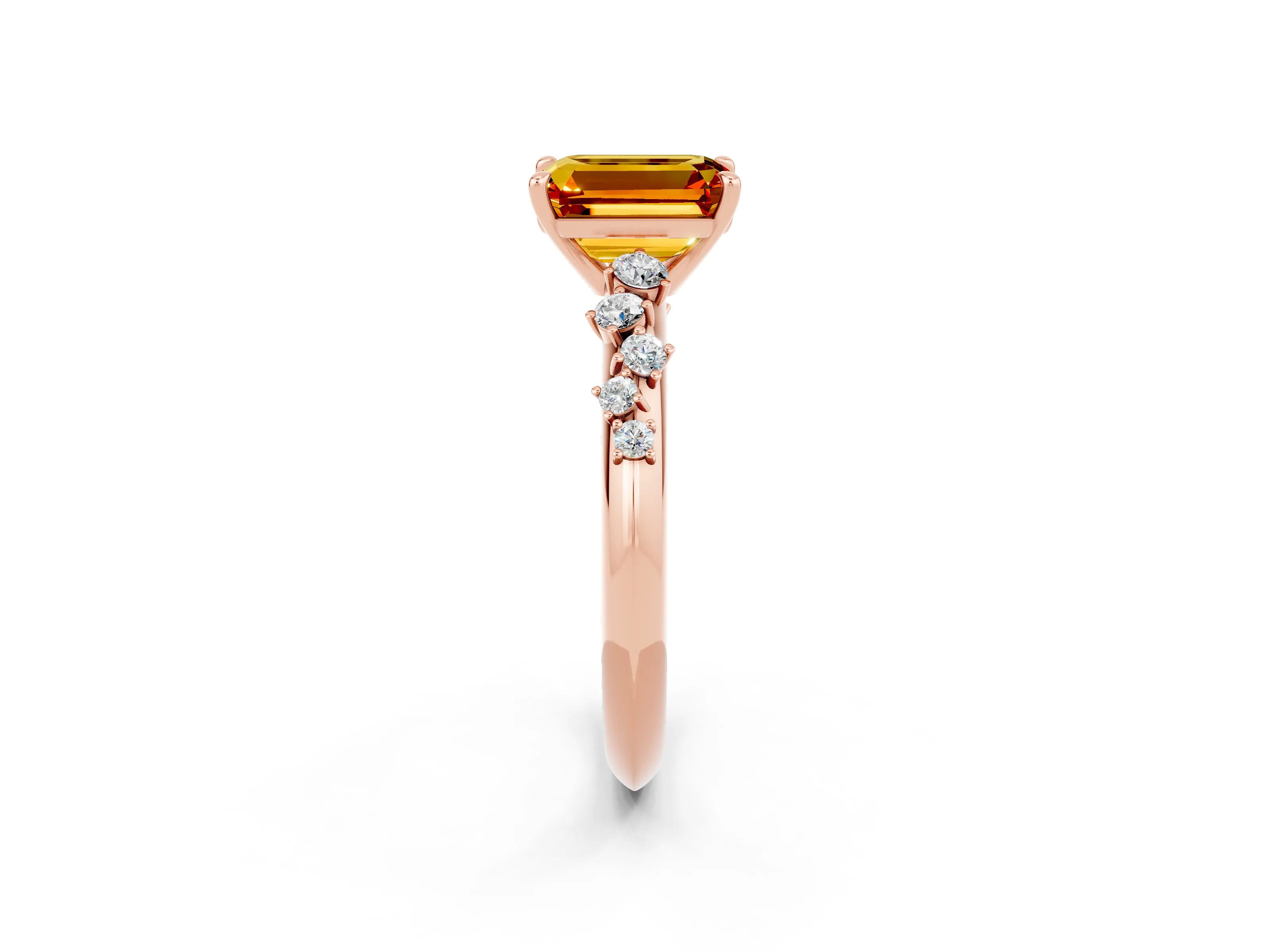 Rose gold Emerald Cut Citrine Cluster Side Stone Solitaire Ring with Prong Setting_26