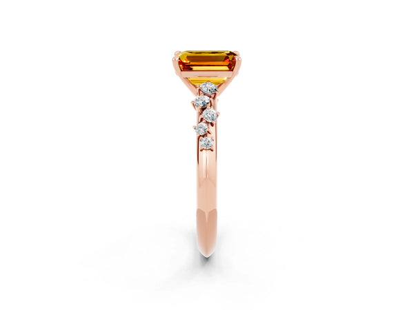 Rose gold Emerald Cut Citrine Cluster Side Stone Solitaire Ring with Prong Setting
