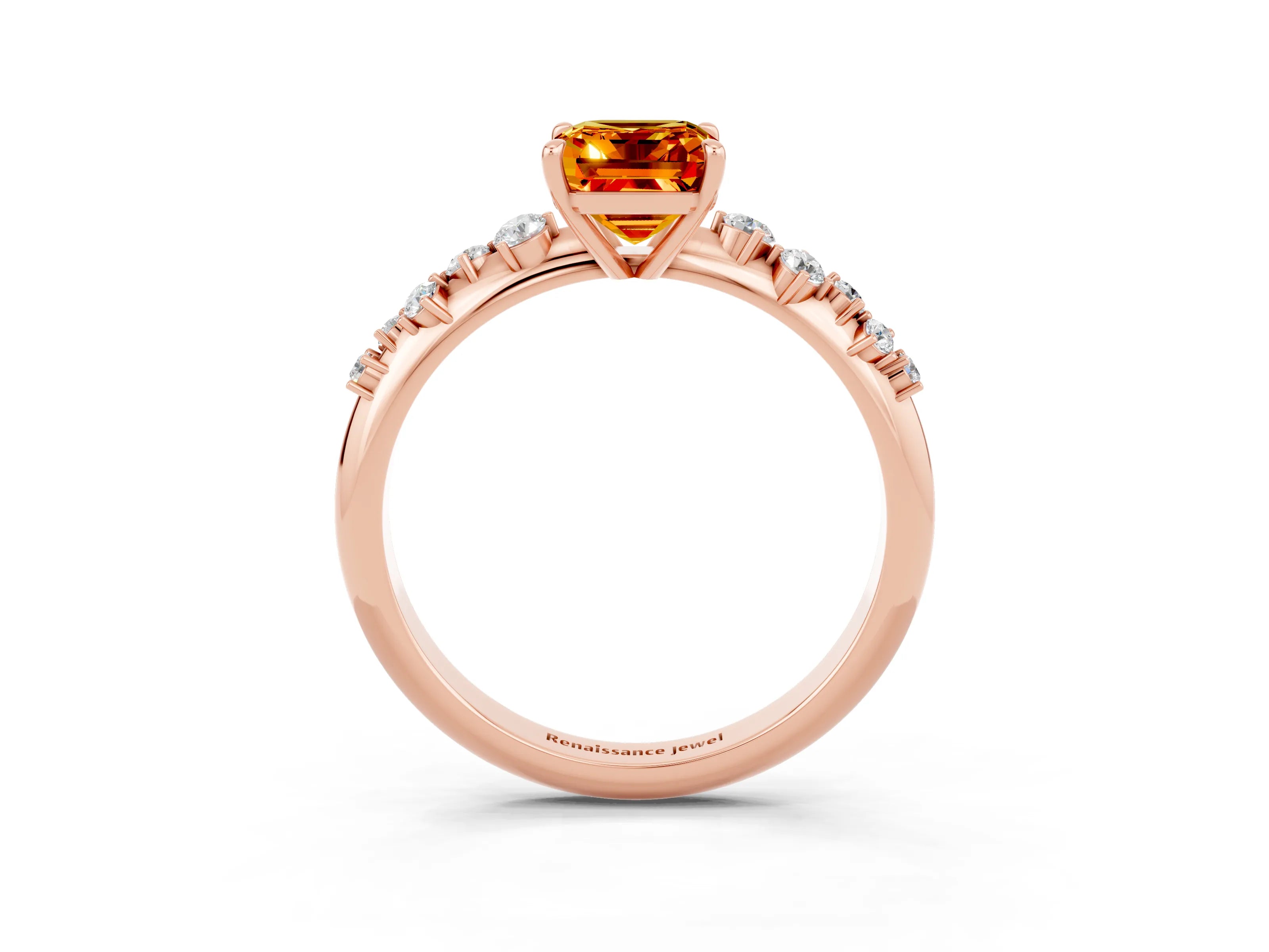 Rose gold Emerald Cut Citrine Cluster Side Stone Solitaire Ring with Prong Setting_27
