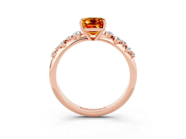 Rose gold Emerald Cut Citrine Cluster Side Stone Solitaire Ring with Prong Setting