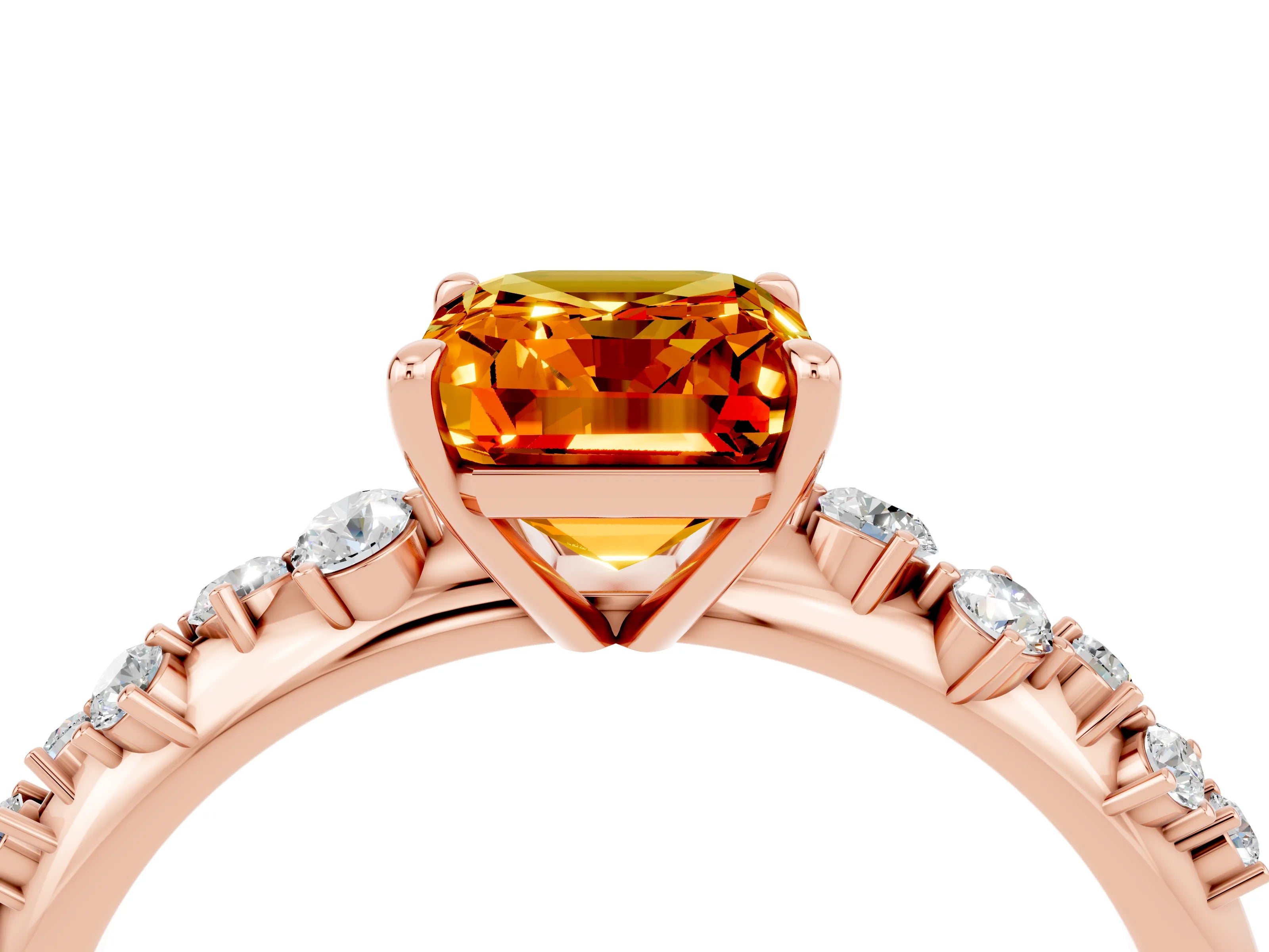 Rose gold Emerald Cut Citrine Cluster Side Stone Solitaire Ring with Prong Setting_28