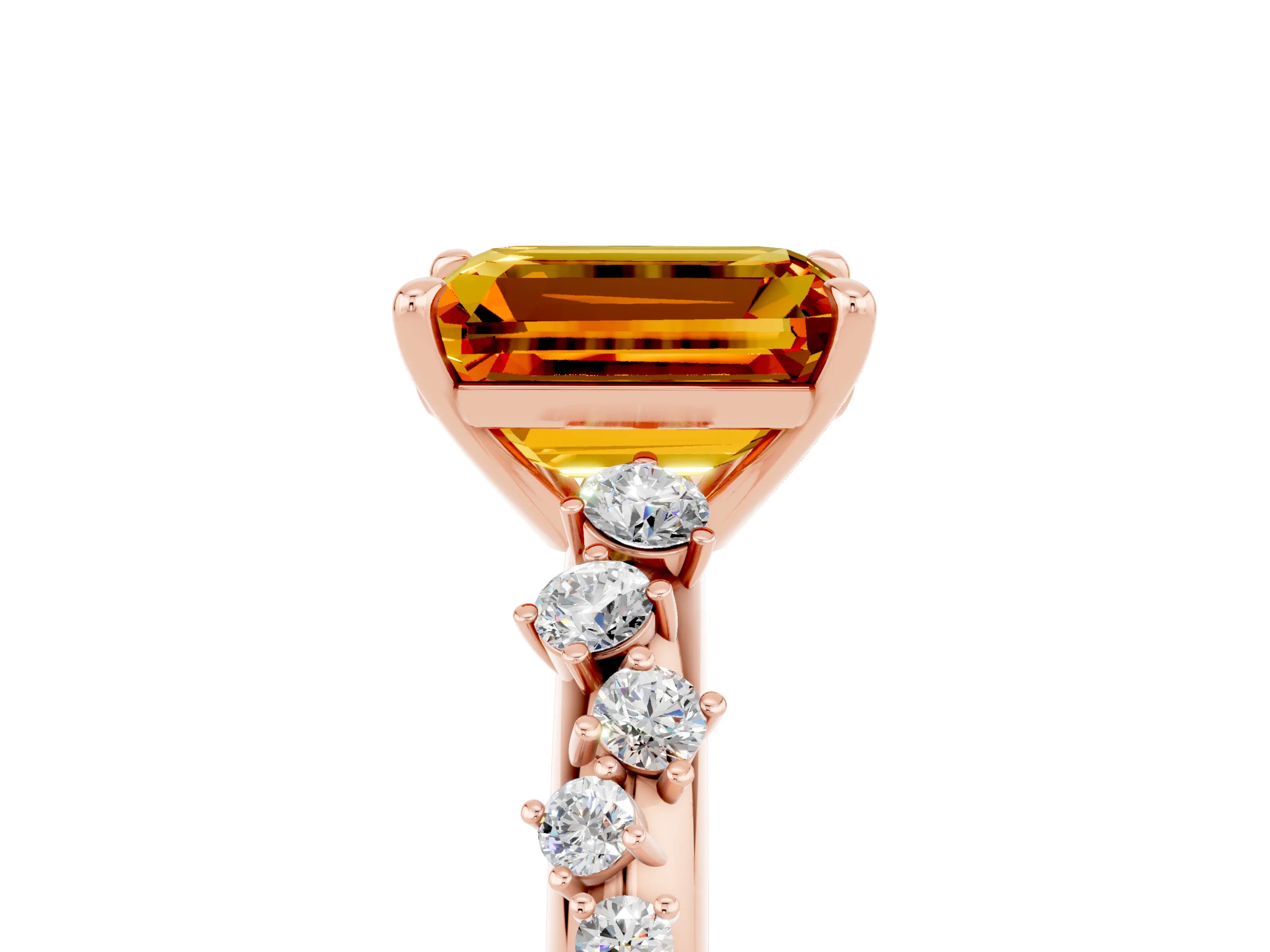 Rose gold Emerald Cut Citrine Cluster Side Stone Solitaire Ring with Prong Setting_29