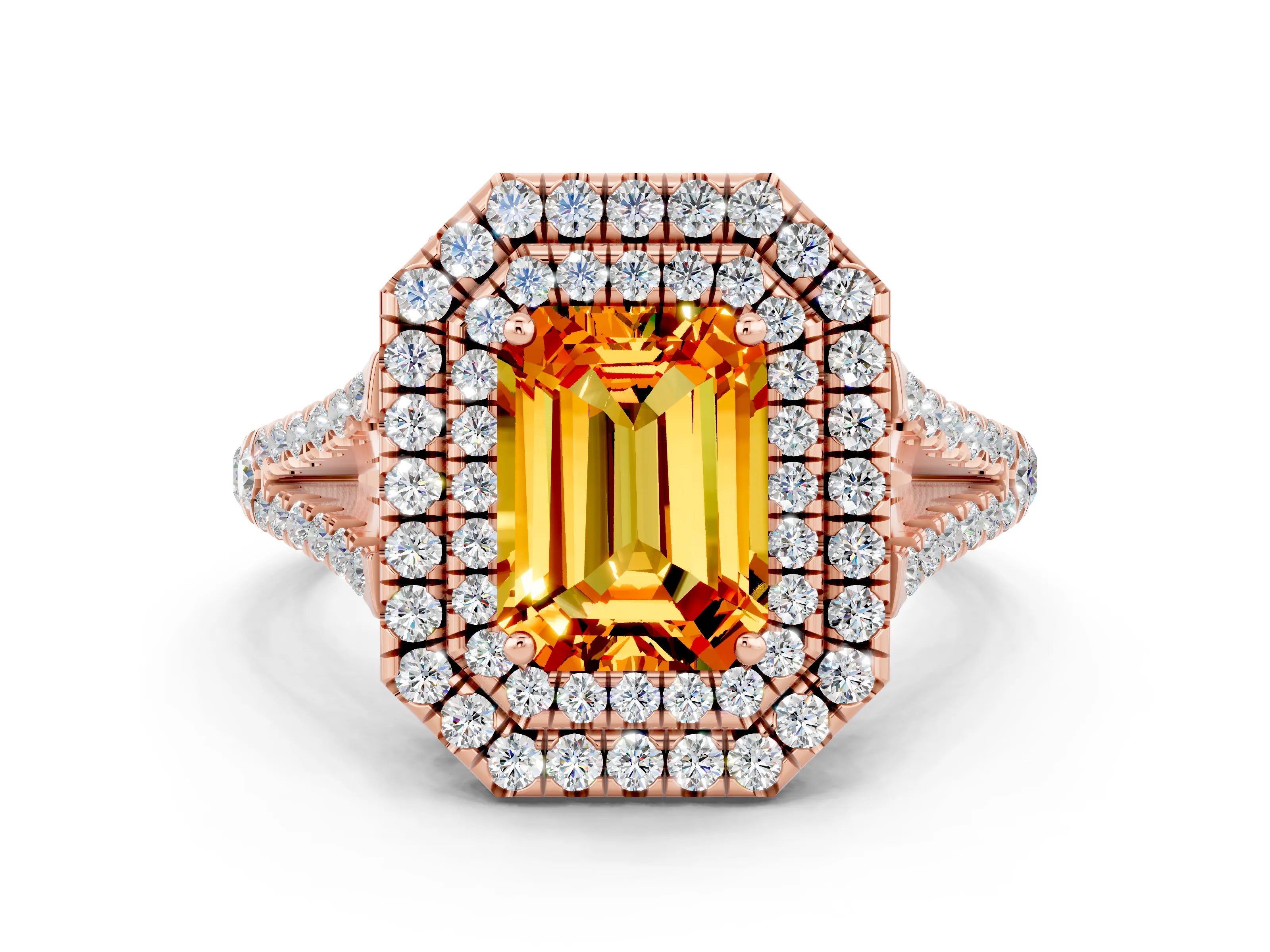 Rose gold Emerald Cut Citrine Double Halo Ring with Pavé Band and Prong Setting_12