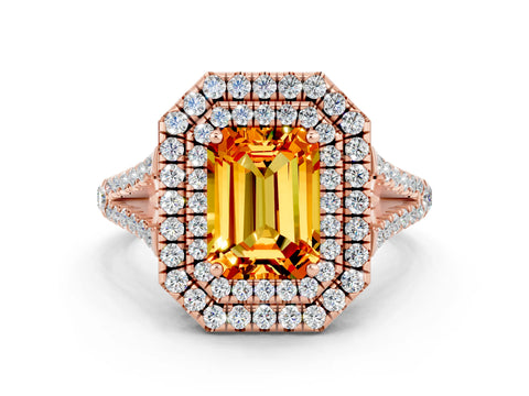 Rose gold Emerald Cut Citrine Double Halo Ring with Pavé Band and Prong Setting_12