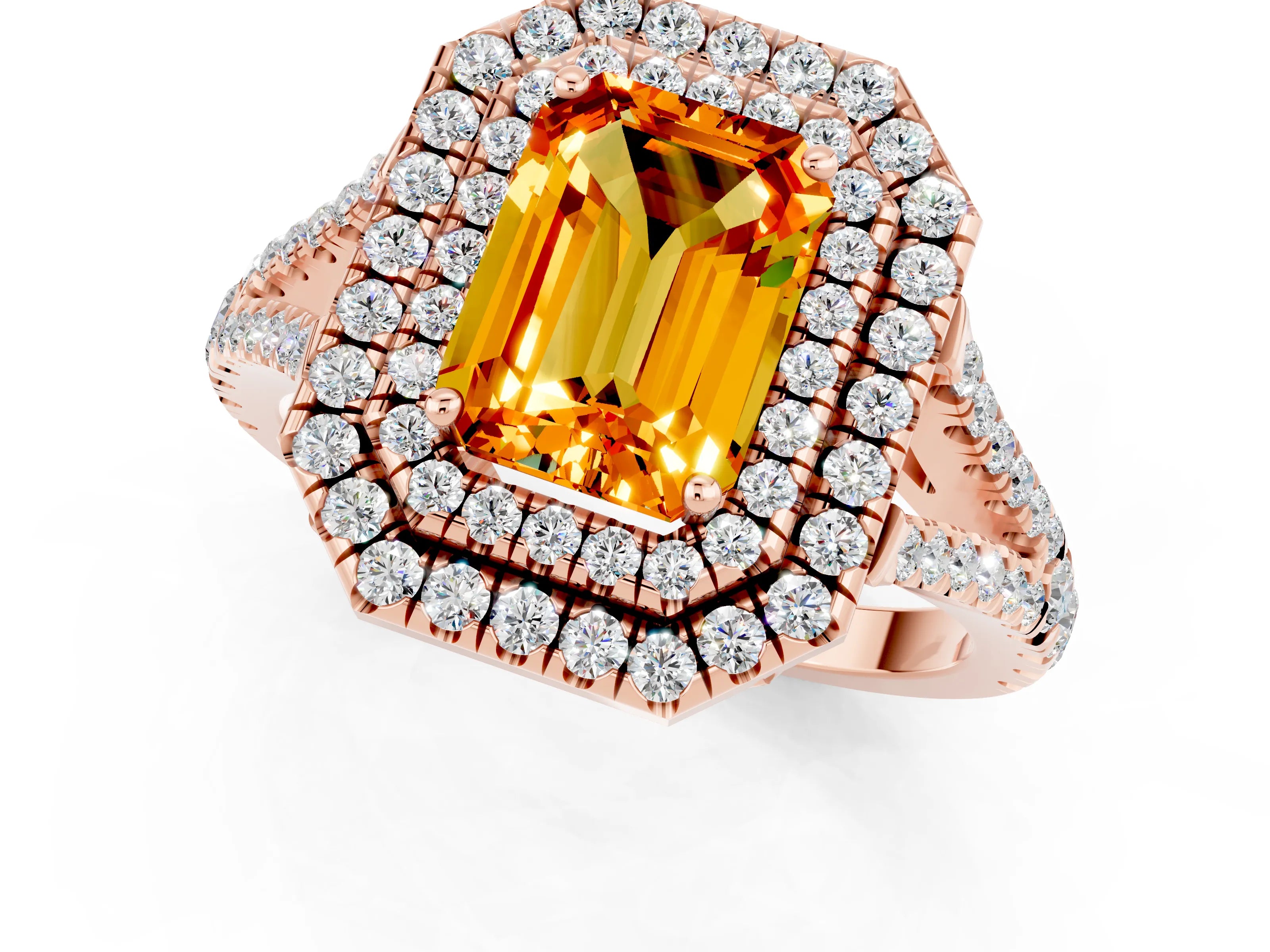 Rose gold Emerald Cut Citrine Double Halo Ring with Pavé Band and Prong Setting_13