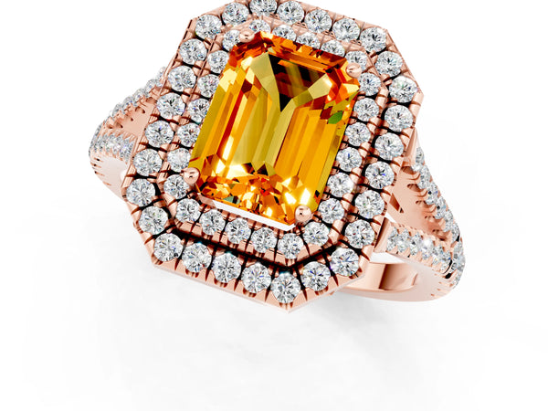 Rose gold Emerald Cut Citrine Double Halo Ring with Pavé Band and Prong Setting