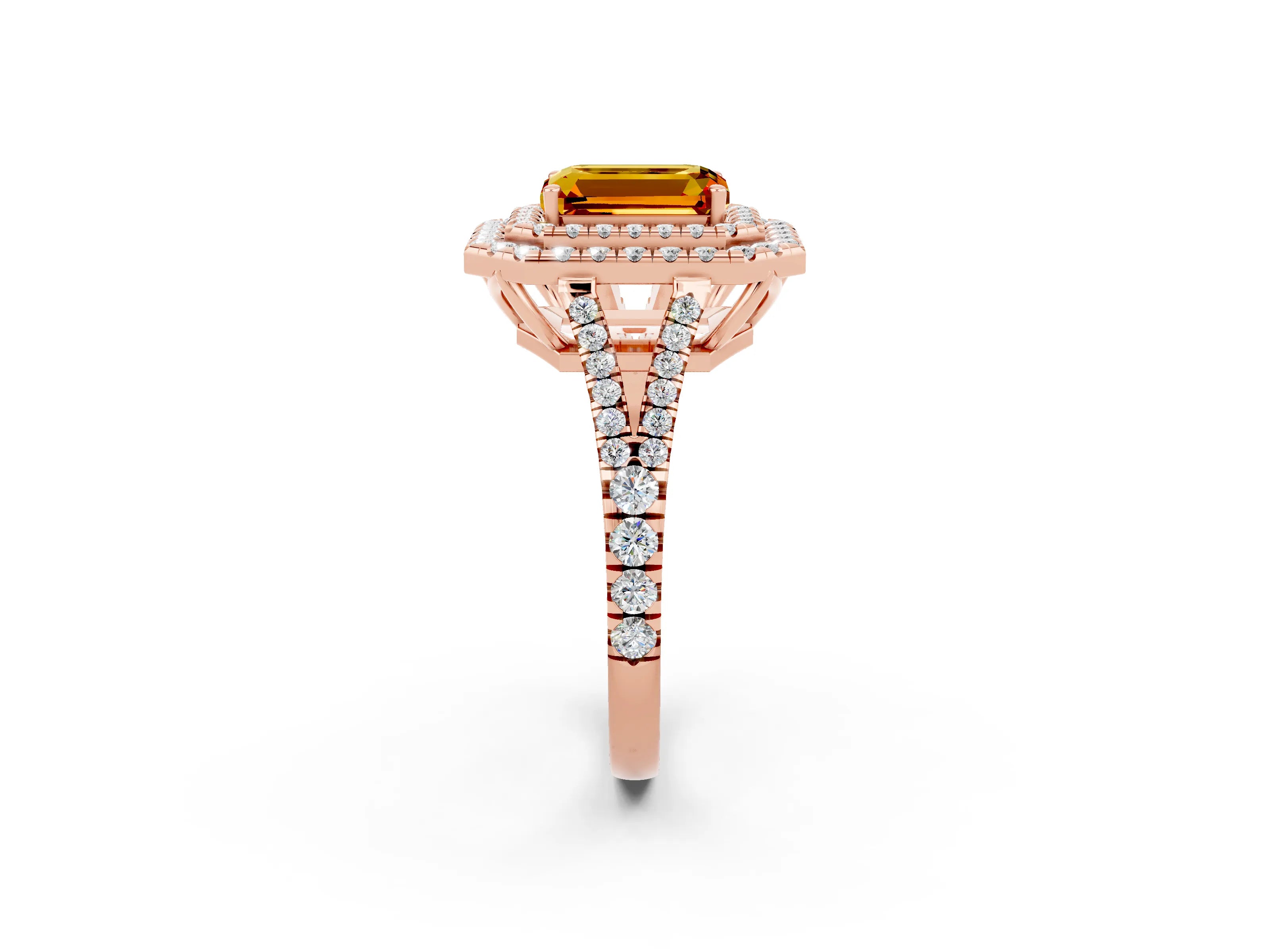 Rose gold Emerald Cut Citrine Double Halo Ring with Pavé Band and Prong Setting_14