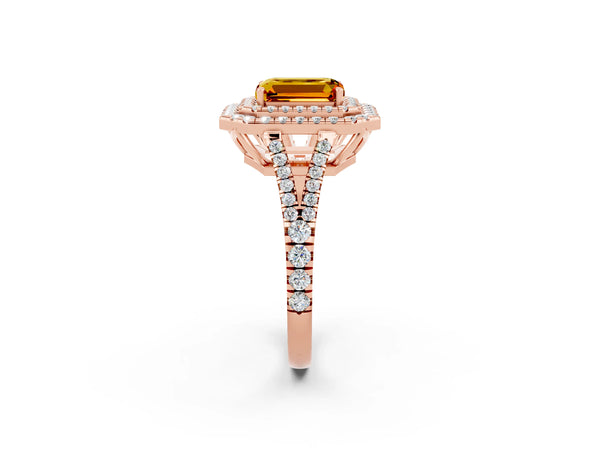 Rose gold Emerald Cut Citrine Double Halo Ring with Pavé Band and Prong Setting