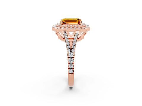 Rose gold Emerald Cut Citrine Double Halo Ring with Pavé Band and Prong Setting_14