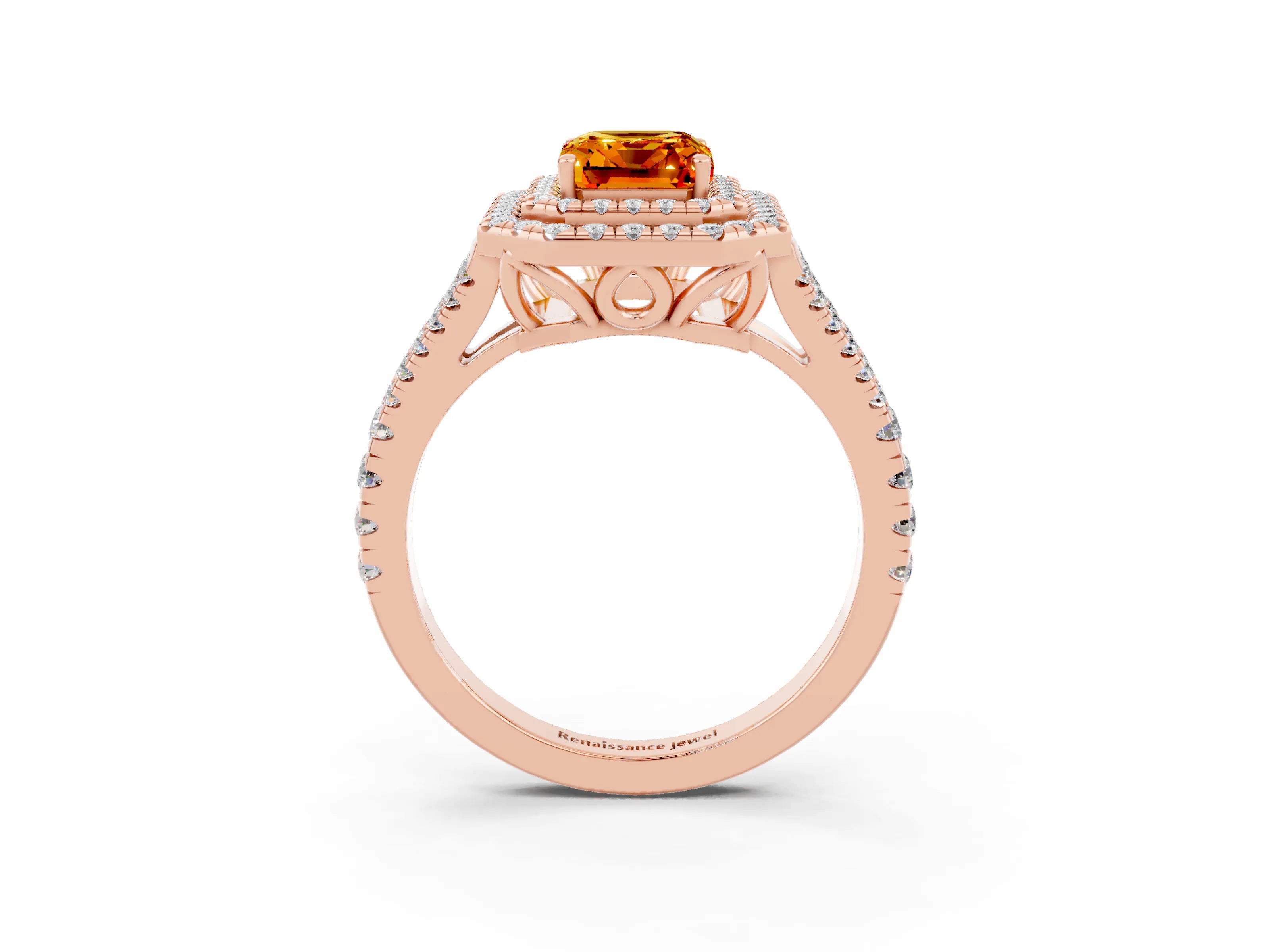 Rose gold Emerald Cut Citrine Double Halo Ring with Pavé Band and Prong Setting_15