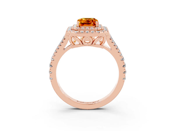 Rose gold Emerald Cut Citrine Double Halo Ring with Pavé Band and Prong Setting