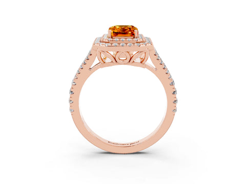 Rose gold Emerald Cut Citrine Double Halo Ring with Pavé Band and Prong Setting_15