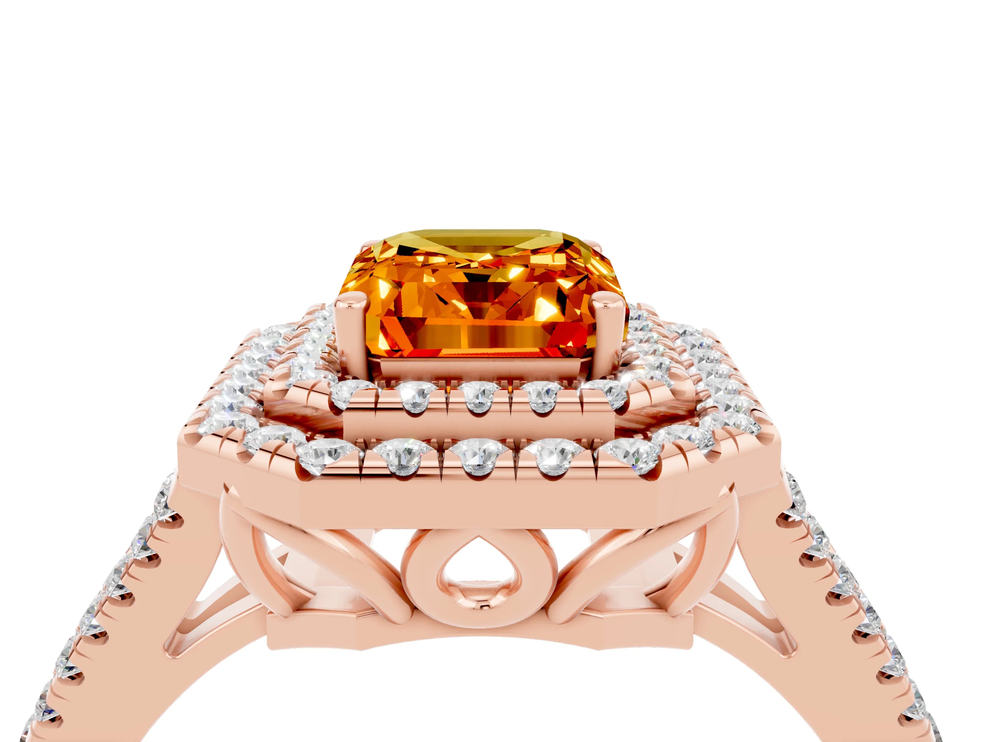 Rose gold Emerald Cut Citrine Double Halo Ring with Pavé Band and Prong Setting_16