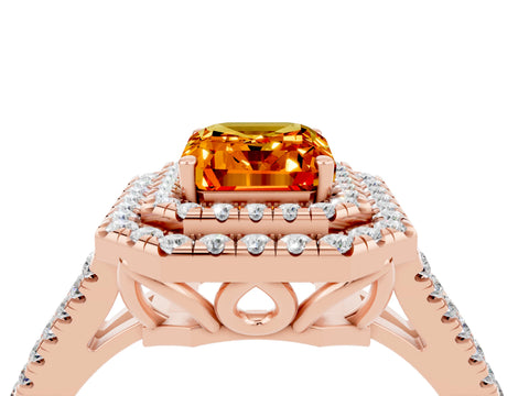 Rose gold Emerald Cut Citrine Double Halo Ring with Pavé Band and Prong Setting_16