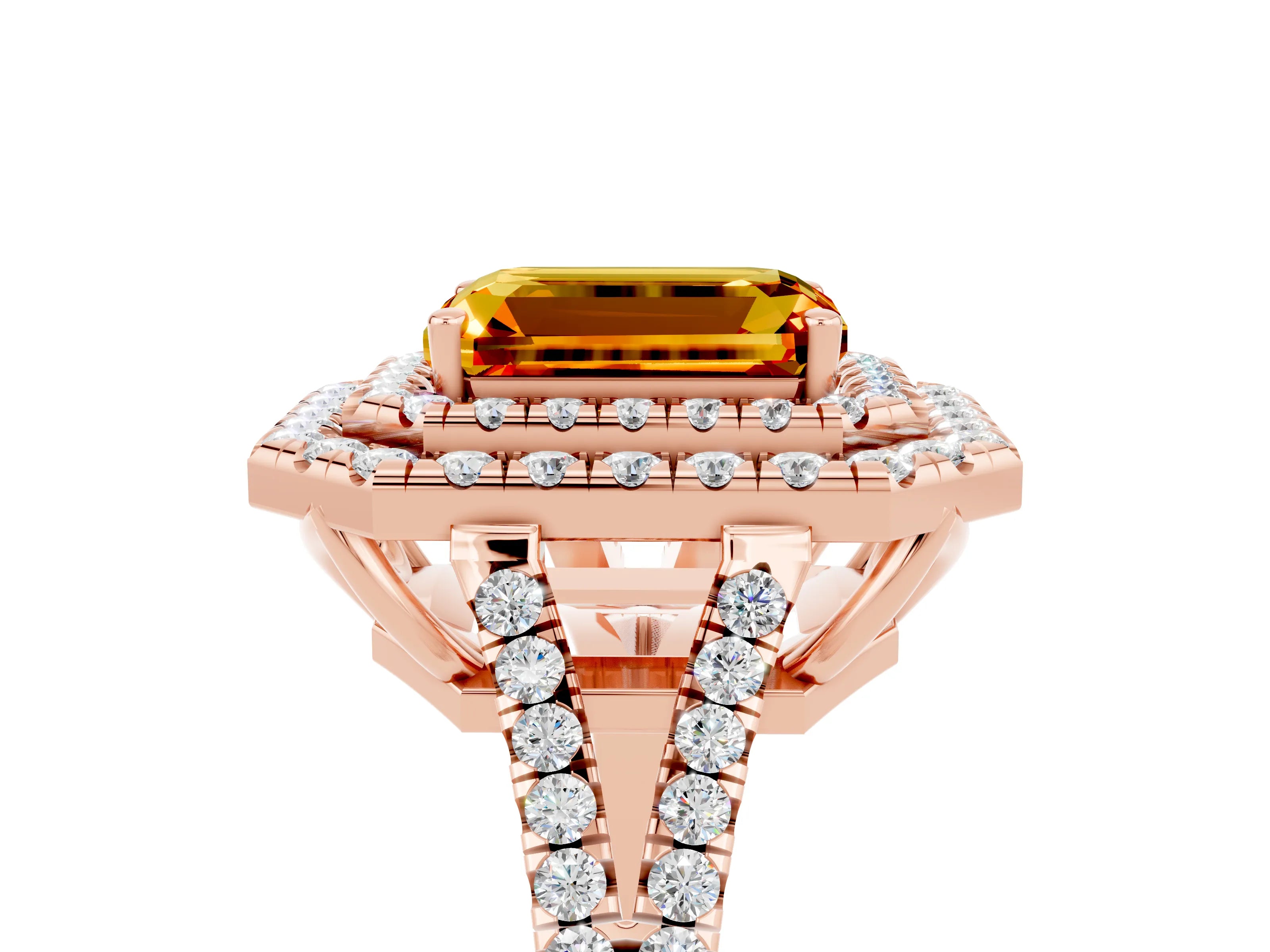 Rose gold Emerald Cut Citrine Double Halo Ring with Pavé Band and Prong Setting_17