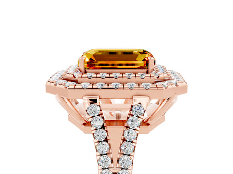 Rose gold Emerald Cut Citrine Double Halo Ring with Pavé Band and Prong Setting_17